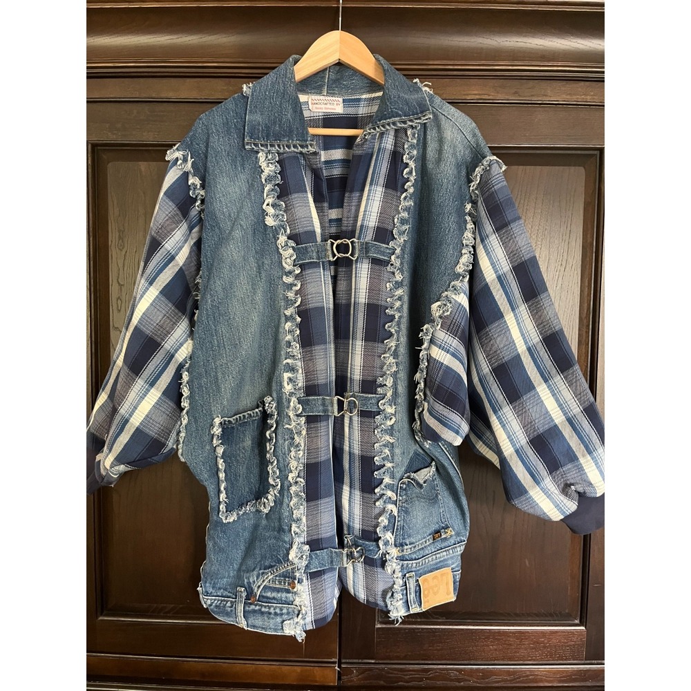 Upcycled Hand Made OOAK Plus Sz 2XL 3XL Denim Flannel Jean Jacket Dolman Sleeves